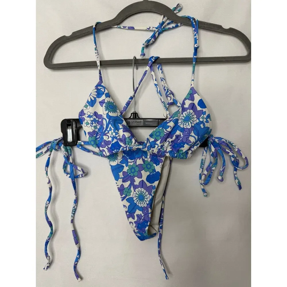 Frankie's Bikinis Morning Glory Floral Print Blue Triangle String Set Small